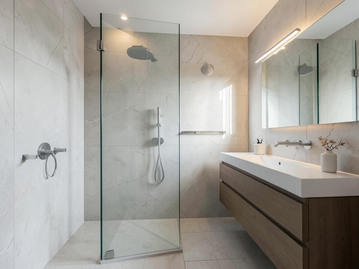 Baño reformado con plato de ducha y mueble suspendido